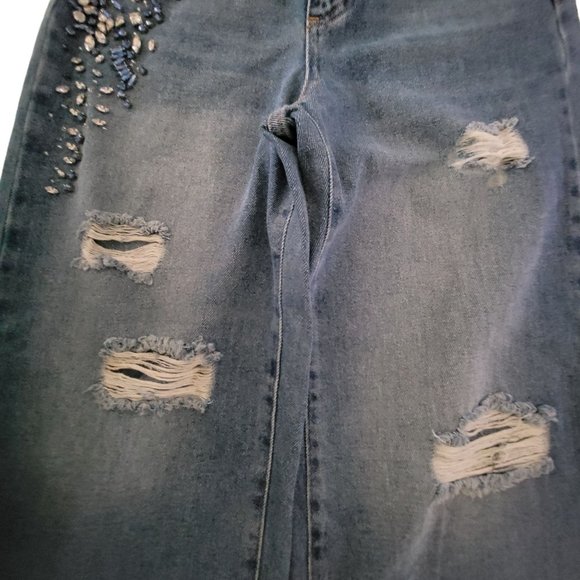 Blue Flare Jeans with Distressed Details and Rhinestone Embellishments - Picture 5 of 8